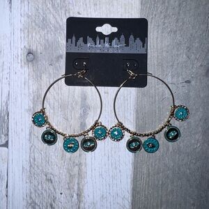 Nicole Miller New York Gold and Turquoise Hoop Charm Earrings NWOT